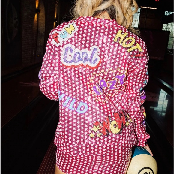 ✅SOLD✅ Queen of Sparkles Boutique “Awesome, Crazy, Cool” Word Sequin Star Jacket - Picture 1 of 13